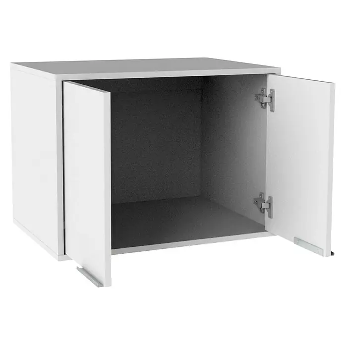Fackelmann Waschturm Typ 1 - B x L: 65 x 65,1 cm, Weiß - Weißer Schrank mit zwei offenen Türen, der einen dunkelgrauen Innenraum zeigt.