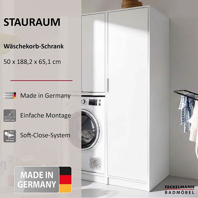 Fackelmann Hochschrank für Wäschekörbe (B x T x H: 500 x 651 x 1 882 mm, Weiß) | BAUHAUS