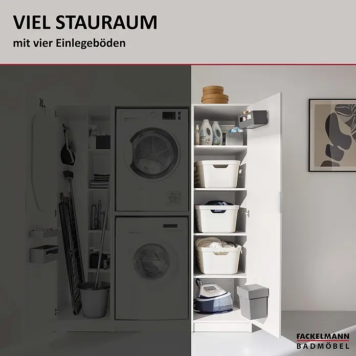 Fackelmann Küchen-Hochschrank für Wäschekörbe - B x T x H: 500 x 651 x 1.882 mm, Weiß - Weißer Wäscheschrank mit integrierter Waschmaschine, Trockner, Regalböden und Stauraum für Reinigungszubehör.