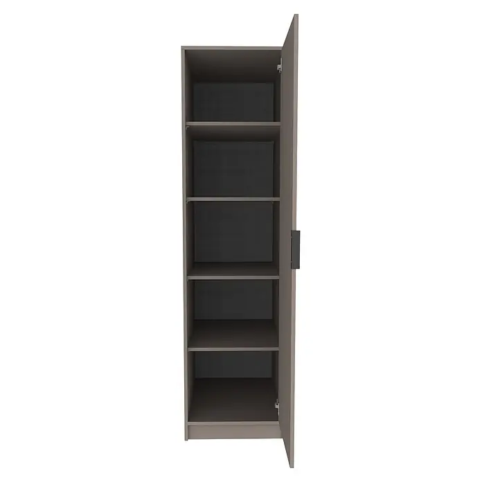 Fackelmann Waschmaschinenschrank Typ 5 - B x L: 115 x 65 cm, Kaschmir - Offener graubrauner Kleiderschrank mit einer Tür, die mehrere verstellbare Regalböden und eine dunkle Rückwand zeigt.
