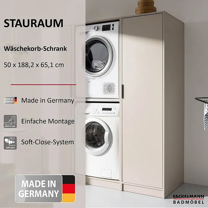 Fackelmann Küchen-Hochschrank für Wäschekörbe - B x T x H: 500 x 651 x 1.882 mm, Kashmir - Hellbeiger Wäschekorb-Schrank neben gestapelter Waschmaschine und Trockner, 50x188,2x65,1 cm.