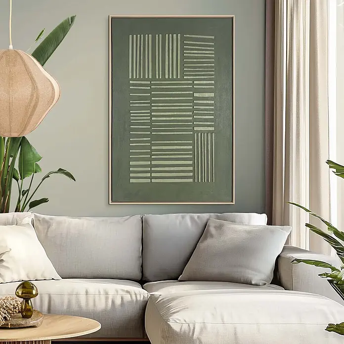 Reinders Bild Mix-Media - Pure Harmony, B x H: 78 x 118 cm - Helles Stoff-Ecksofa mit weichen Kissen in einem Wohnzimmer.