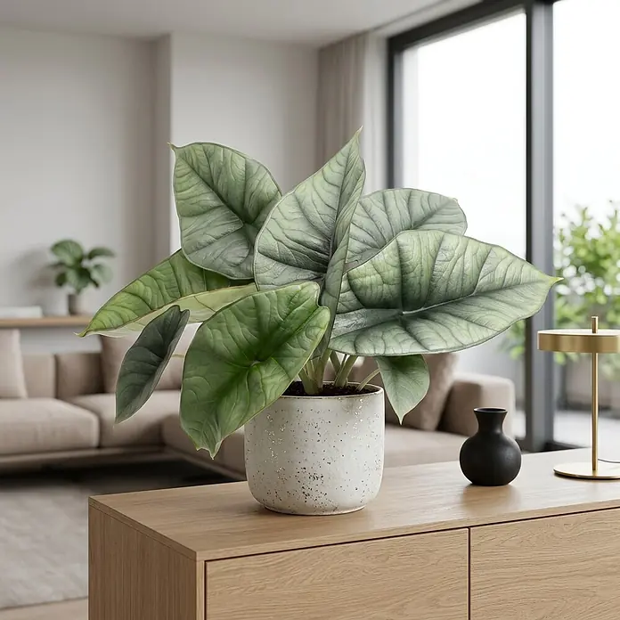 Piardino Pfeilblatt - Alocasia platinum 11 - Große Alocasia Silver Dragon Pflanze in einem gesprenkelten weißen Keramiktopf, auf einem hellen Holzschrank im modernen Wohnzimmer.