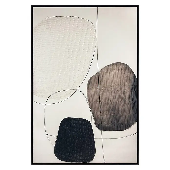 Reinders Bild Mix-Media - Natural Order, B x H: 78 x 118 cm - Gerahmtes abstraktes Kunstwerk mit drei texturierten organischen Formen in Weiß, Grau und Schwarz, mit schwarzem Rahmen.