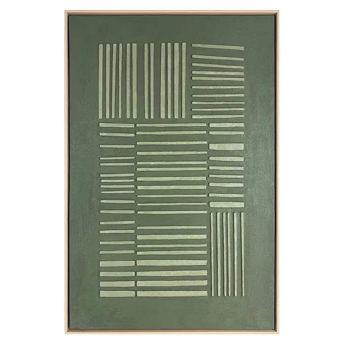 Reinders Bild Mix-Media - Pure Harmony, B x H: 78 x 118 cm - Abstraktes Kunstwerk mit erhabenen hellgrünen geometrischen Streifen auf dunkelgrünem Hintergrund, holzgerahmt.