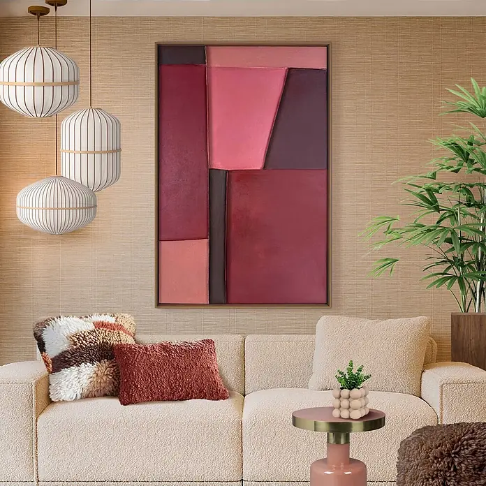 Reinders Bild Mix-Media - Red Shadows, B x H: 78 x 118 cm - Cremefarbenes Bouclé-Sofa mit strukturierten Kissen in einem warmen Wohnzimmer.
