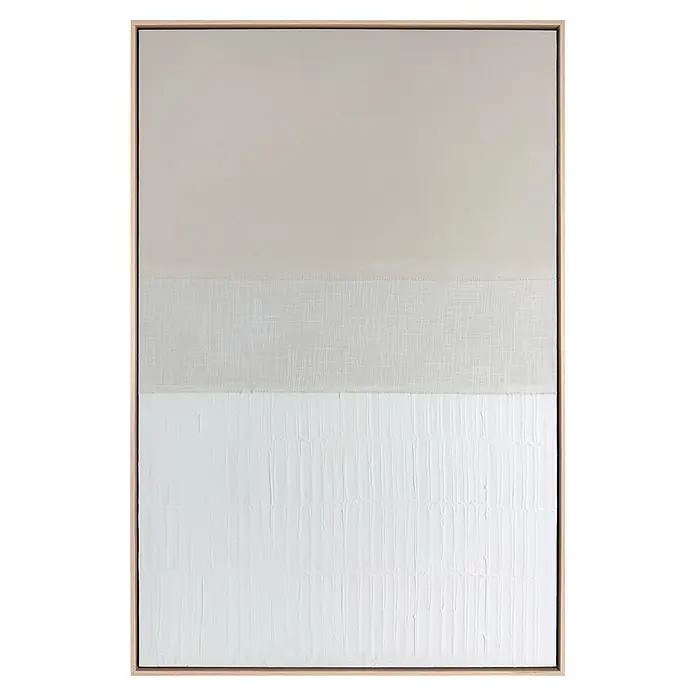 Reinders Bild Mix-Media - Nature Effect, B x H: 78 x 118 cm - Abstraktes Wandbild im hellen Holzrahmen. Mit drei horizontalen Abschnitten: hellgrau, gewebter Off-White-Stoff und weiße Vertikalstrukturen.