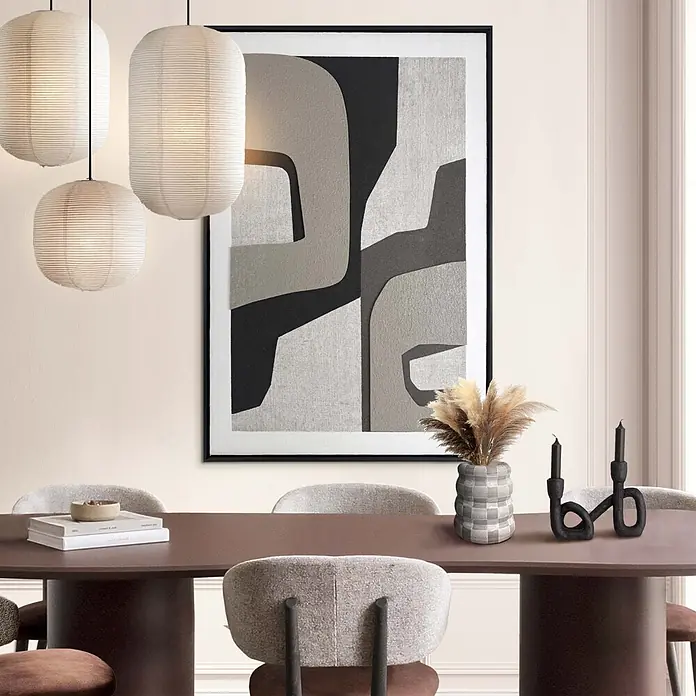 Reinders Bild Mix-Media - Neutral Motion, B x H: 78 x 118 cm - Abstraktes Kunstwerk mit schwarzen, hellgrauen und dunkelgrauen Formen auf strukturiertem Hintergrund, in schwarzem Rahmen, im Esszimmer.
