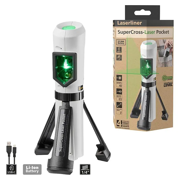 Laserliner Kreuzlinienlaser Supercross Pocket - Max. Arbeitsbereich: 0 m - 40 m - Weißes und schwarzes SuperCross-Laser Pocket mit grünen Laserlinien, USB-C und integriertem Stativ, mit Verpackung.