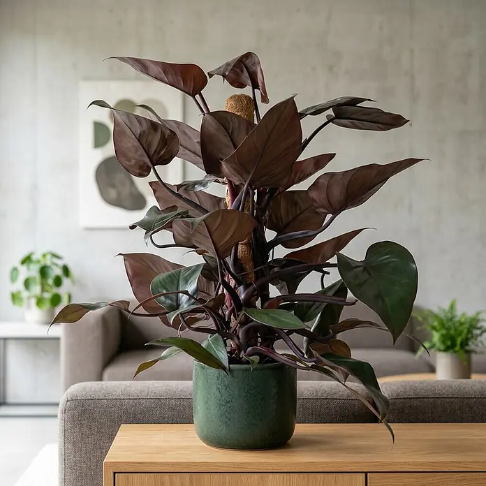 Piardino Zimmerpflanzen-Mix am Moosstab - Verschiedene Pflanzen, Topfgröße: 16 cm - Großer dunkelblättriger Philodendron mit Moosstab im grünen Keramiktopf, auf Holztisch.