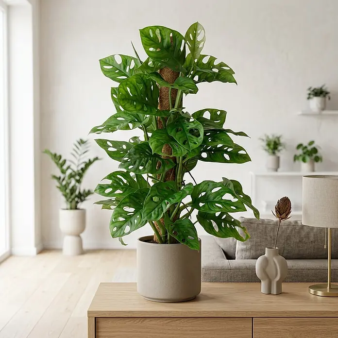 Piardino Zimmerpflanzen-Mix am Moosstab - Verschiedene Pflanzen, Topfgröße: 16 cm - Eine große Monstera Adansonii mit Moosstab im beigen Topf auf einem Holztisch.