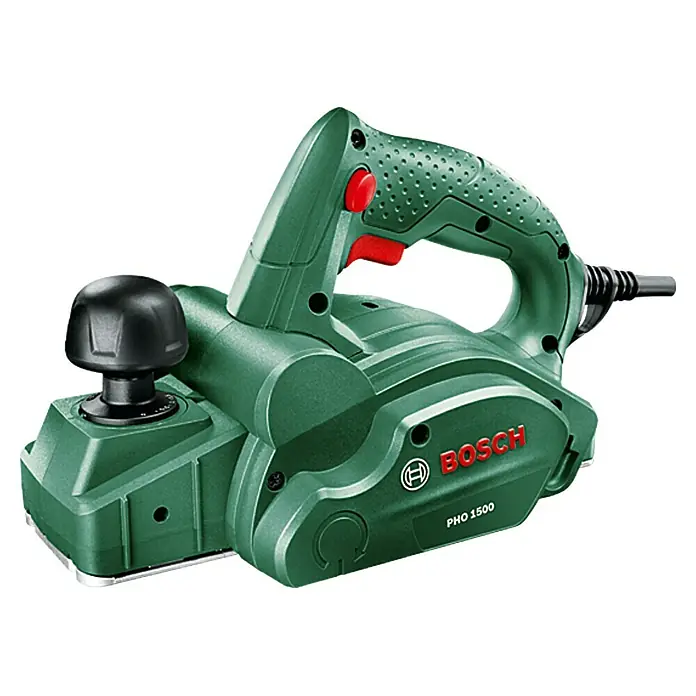 Bosch Handhobel PHO 1500 - 550 W, Hobeltiefe: 0 mm - 1,5 mm, 19.500 U/min - Elektrischer Hobel von Bosch, Modell PHO 1500, ideal für präzise Holzarbeiten und zum Glätten von Oberflächen.