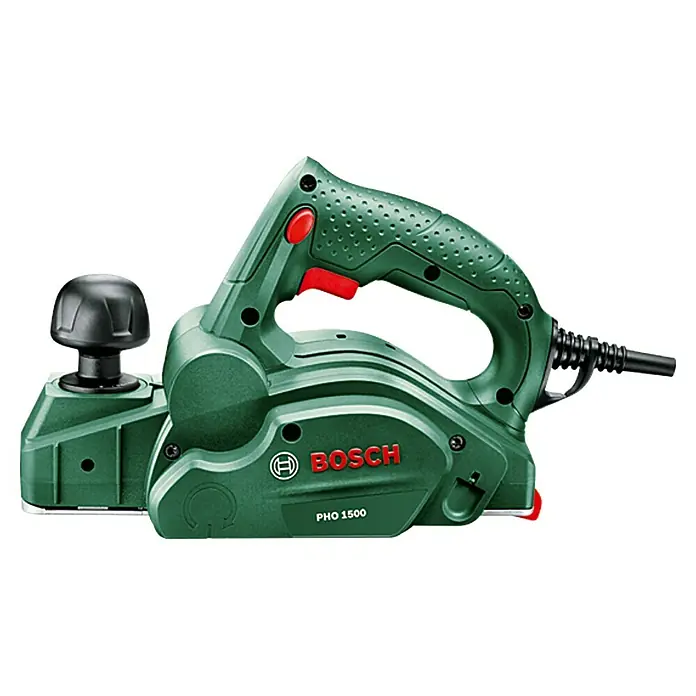 Bosch Handhobel PHO 1500 - 550 W, Hobeltiefe: 0 mm - 1,5 mm, 19.500 U/min - Das Bild zeigt einen Bosch PHO 1500 Hobel in Grün, ein Werkzeug zum Glätten von Holzoberflächen, ideal für Heimwerkerprojekte.