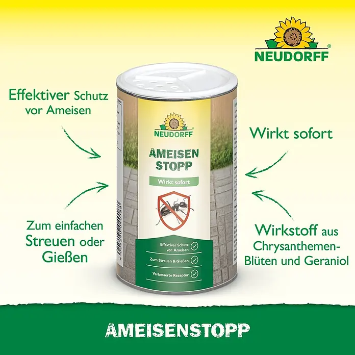 Neudorff Ameisen-Mittel AmeisenStopp - 300 g - Zylindrischer Neudorff Ameisen Stopp Behälter mit weißem Deckel. Etiketten heben wirksamen, sofortigen Ameisenschutz und natürliche Inhaltsstoffe hervor.
