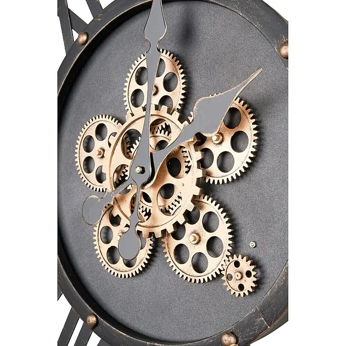 Globo Wanduhr George - Gold/ Schwarz, Durchmesser: 70 cm - Wanduhr im Steampunk-Stil mit sichtbaren goldfarbenen Zahnrädern und dunklen Zeigern auf einem dunklen Rahmen.