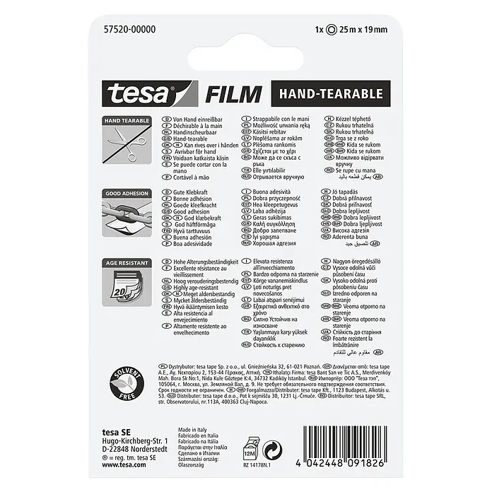 Tesa Film Klebefilm - 2.500 x 1,9 cm - Tesa Filmbandetikett, von Hand reißbar, gute Haftung, alterungsbeständig, lösungsmittelfrei. 25m x 19mm.