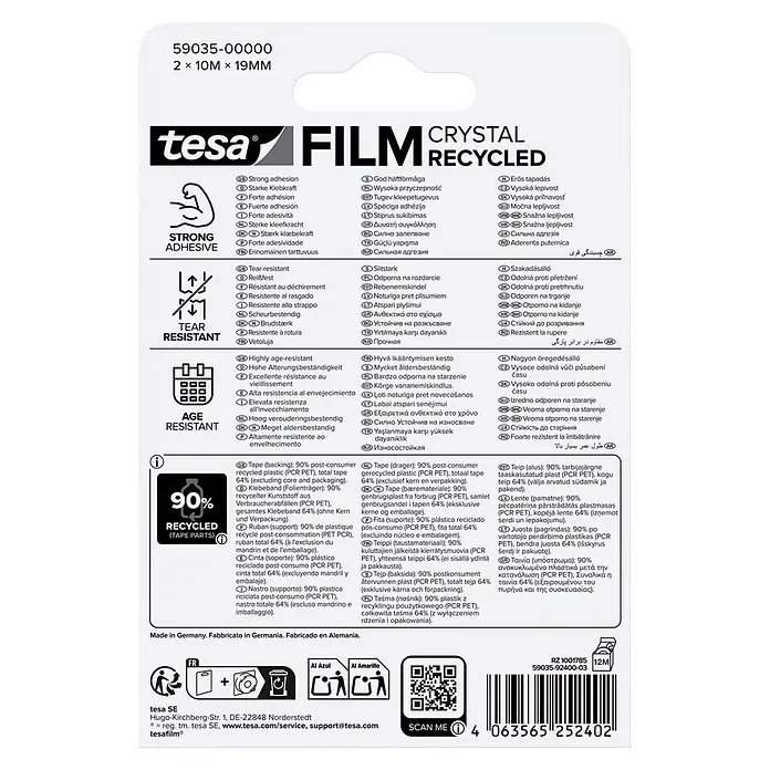 Tesa Film Klebefilm Crystal Recycled - 2 Stk., 10 m x 19 mm - Tesa Crystal Film Recycled Klebeband (2x10m x 19mm). Stark, reißfest, alterungsbeständig, aus 90% recyceltem PET.