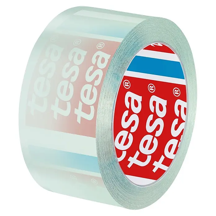 Tesa Film Klebefilm Crystal Recycled - 2 Stk., 10 m x 19 mm - Transparente tesa Klebebandrolle mit sichtbarem rotem und blauem Markenlogo auf dem Kern.