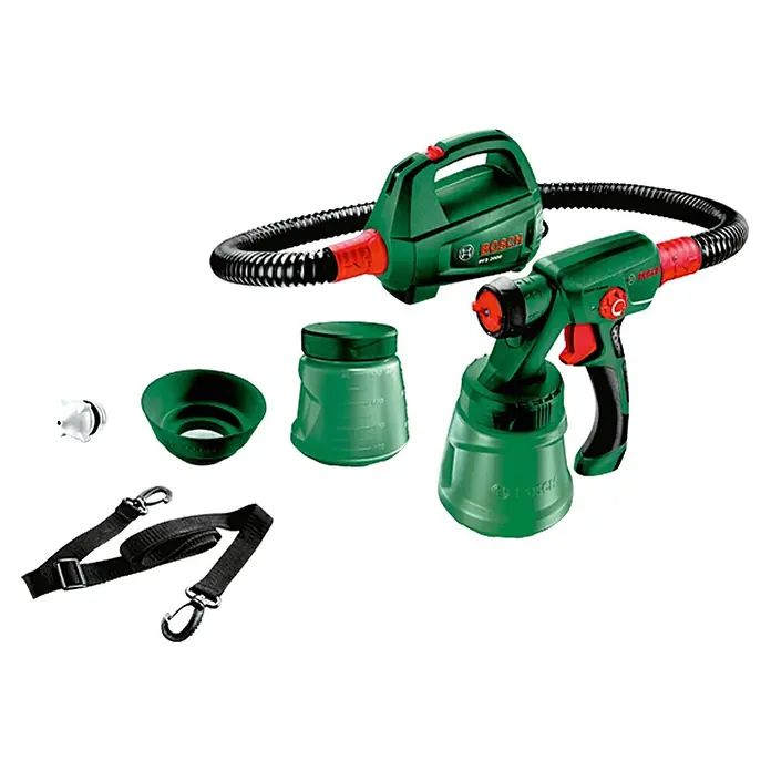 Bosch Sistema de pulverización de pintura PFS 2000 - Apto para: Todos los colores, 440 W, Caudal: 0 l/min - 0,2 l/min, Velocidad de trabajo: 1,5 m²/min - Sistema de pintura Bosch verde y negro con manguera, pistola, dos recipientes, embudo, boquilla y correa de hombro.