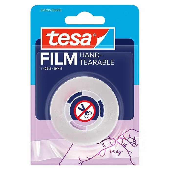 Tesa Film Klebefilm - 2.500 x 1,9 cm - Tesa transparentes, handreißbares Klebefilm, 25m x 19mm, mit Scheren-Verbotszeichen.