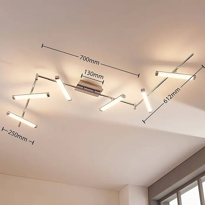 Lindby Deckenleuchte Pilou - chrom / silber - Moderne, mehrarmige LED-Deckenleuchte aus poliertem Chrom mit verstellbaren, rechteckigen Lichtbalken an der Decke.