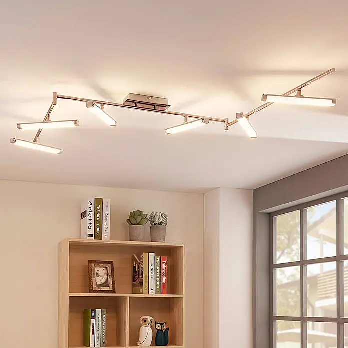 Lindby Deckenleuchte Pilou - chrom / silber - Moderne roségoldene mehrarmige Deckenleuchte mit linearen LED-Balken.