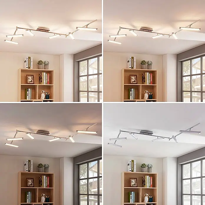 Lindby Deckenleuchte Pilou - chrom / silber - Moderne LED-Deckenleuchte mit verstellbaren Armen und linearen Lampen, in Roségold und Silber in einem Wohnraum.