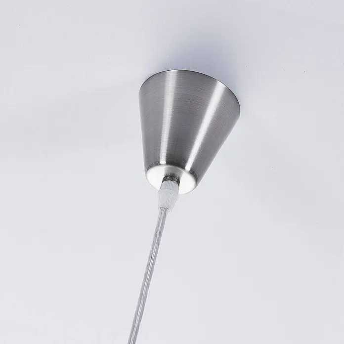 Lindby Pendelleuchte Marike - L x B x H: 35 x 35 x 150 cm, weiß / opal, weiß, nickel satiniert, E27 - Deckenrosette aus gebürstetem Metall mit transparentem Aufhängungskabel.