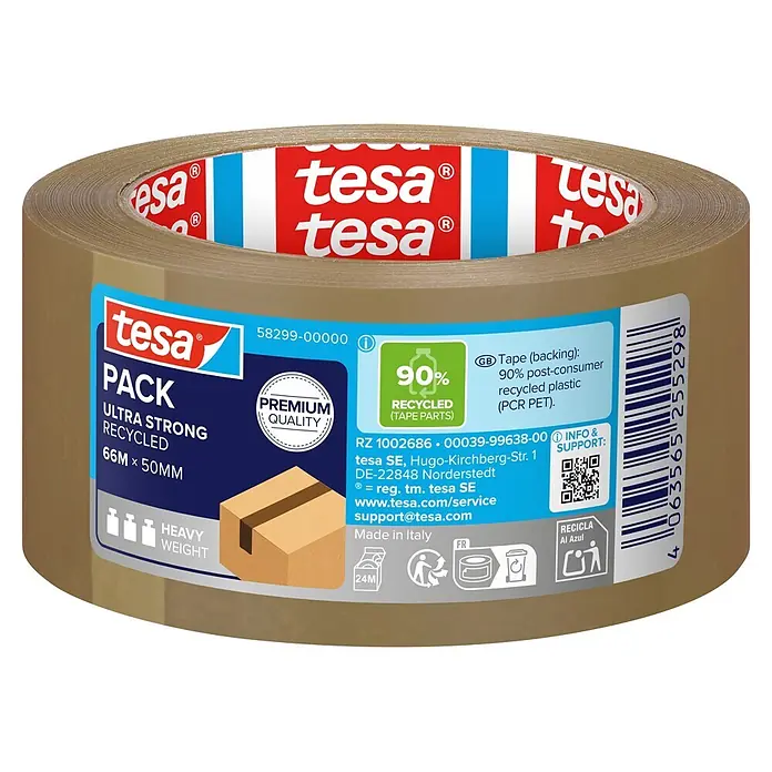Tesa Pack Paketklebeband Ultra Strong Recycled - Braun, L x B: 66 m x 50 mm - Braune Tesa Packbandrolle, ultrastark und aus 90% recyceltem Kunststoff gefertigt.