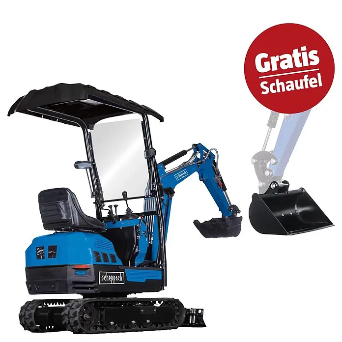 Scheppach Minibagger EXC1400 + Artikelnr. 33989947 gratis hinzufügen* - 8,5 kW, Benzin, Auslegerschwenkbereich: 45 ° - 85 ° - Blauer Scheppach Minibagger mit kostenloser schwarzer Schaufel.