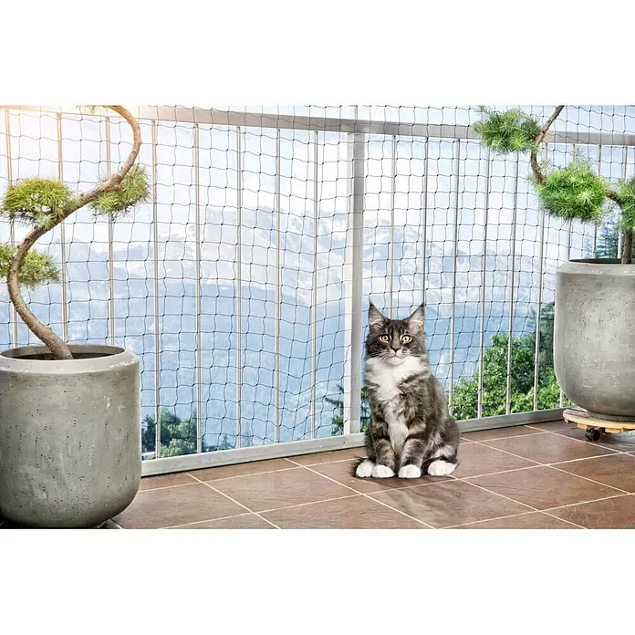 Gardol Katzenschutznetz - 6 x 2,5 m, Schwarz - Schwarzes Katzenschutznetz auf einem Balkon installiert, sichert den Bereich für eine Katze mit Bergblick.