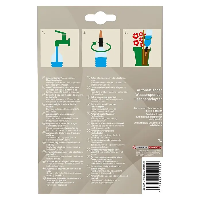 Gardol Wasserspender - 3 Stk., Geeignet für: PET-Flaschen - Automatischer Wasserspender-Flaschenadapter in 3 Schritten gezeigt: Flasche füllen, grünen Adapter anbringen und in Topfpflanze stecken.