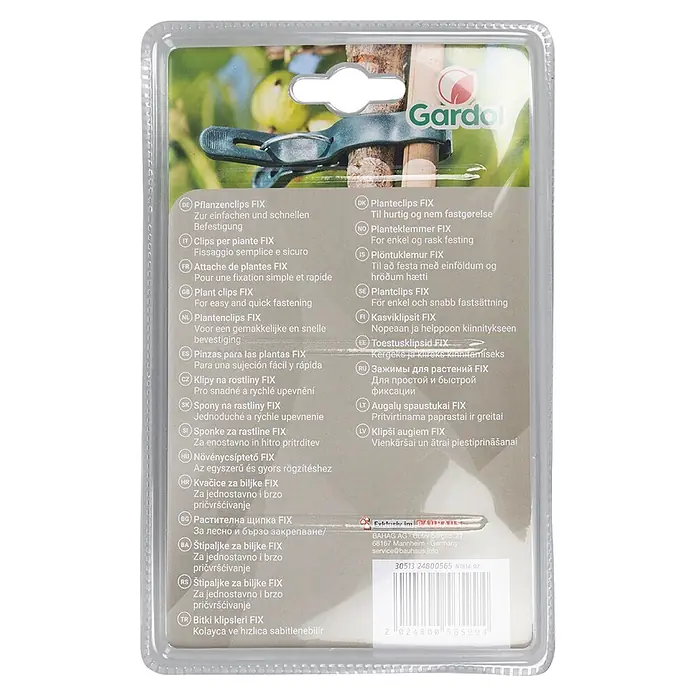 Gardol Pflanzenclips - 12 Stk. - Rückseite der Klarsichtverpackung für Gardol Pflanzenclips; ein dunkler Clip befestigt eine Pflanze an einem Stab.