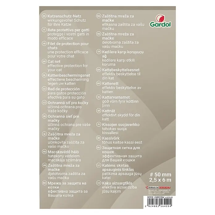 Gardol Katzenschutznetz - 6 x 2,5 m, Schwarz - Gardol Katzenschutz-Netz Etikett: 50mm Maschenweite, 2,5 x 6m.