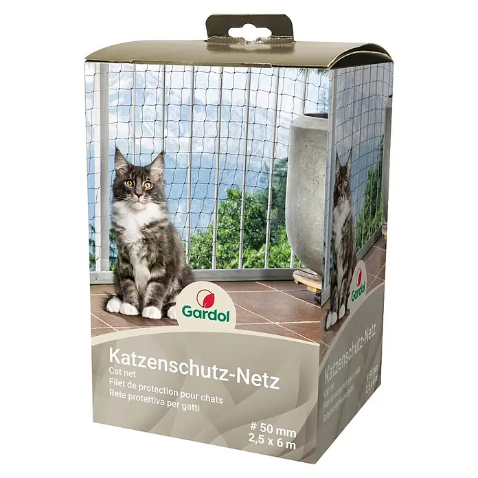 Gardol Katzenschutznetz - 6 x 2,5 m, Schwarz - Verpackung für ein Gardol Katzenschutznetz, zeigt eine Katze auf Balkon mit Netz. Maße: 2,5 x 6 m.