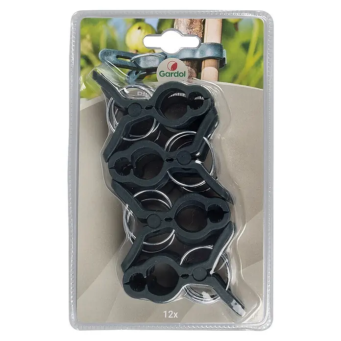 Gardol Pflanzenclips - 12 Stk. - Packung mit 12 dunkelgrauen Pflanzenclips aus Kunststoff mit Metallringen, in Blisterverpackung für den Garten.