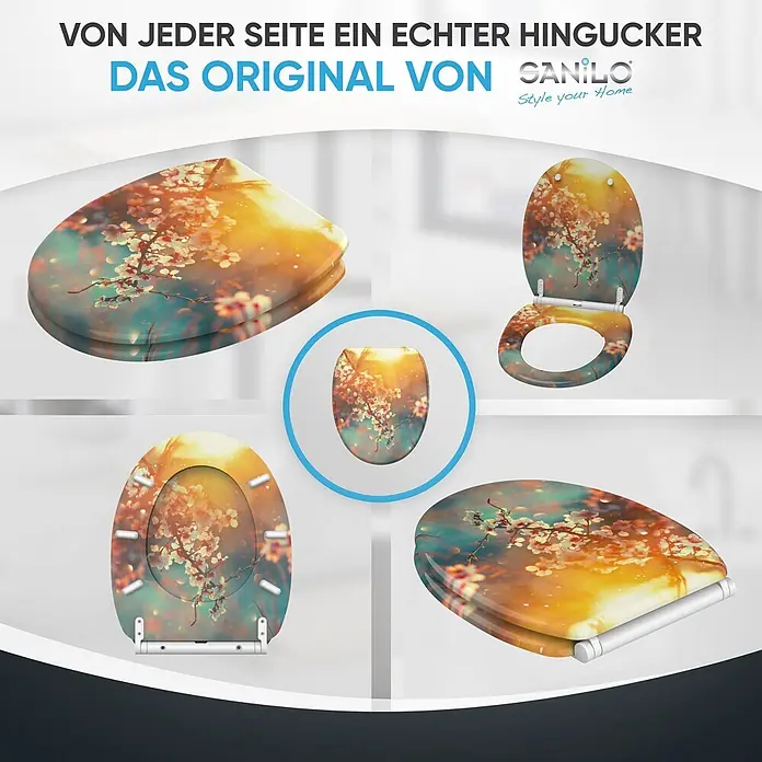 SANILO WC-Sitz Kirschblüte mit Schnellverschluss - MDF, Orange, Mit Absenkautomatik - Toilettensitz mit lebhaftem Kirschblüten-Design im warmen Sonnenlicht. Verschiedene Ansichten von Deckel und Sitz.