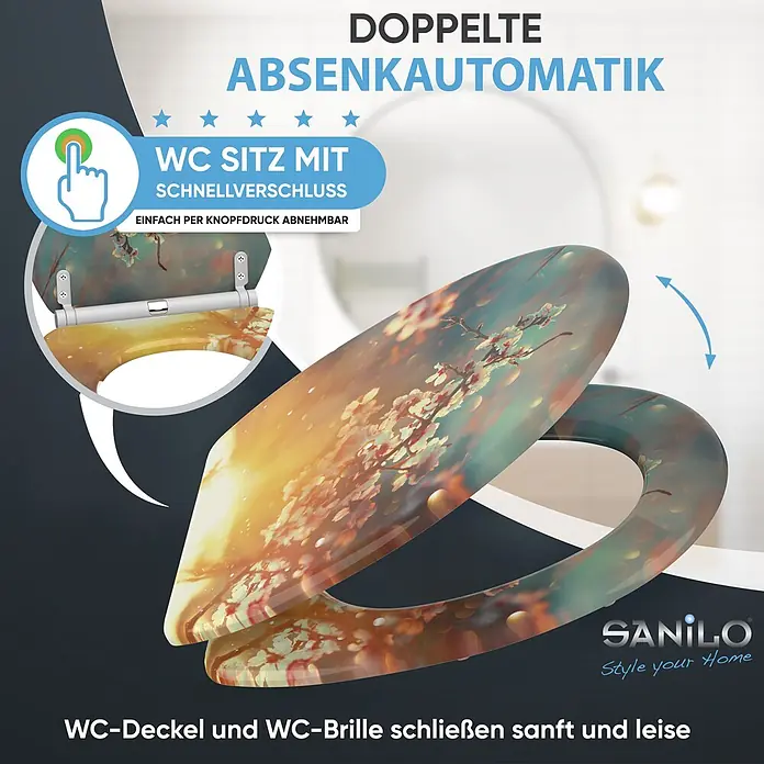 SANILO WC-Sitz Kirschblüte mit Schnellverschluss - MDF, Orange, Mit Absenkautomatik - WC-Sitz mit floralem Muster, Schnellverschluss und doppelter Absenkautomatik.