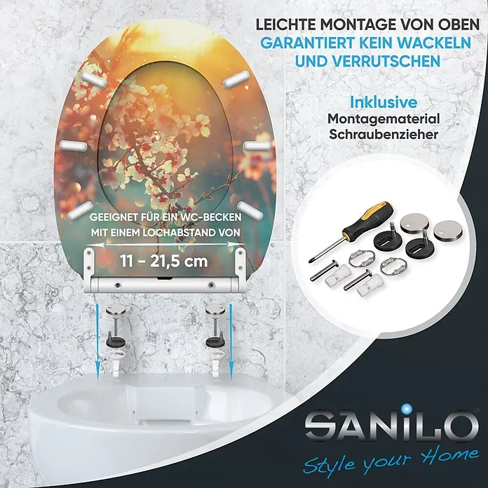 SANILO WC-Sitz Kirschblüte mit Schnellverschluss - MDF, Orange, Mit Absenkautomatik - Blumenmuster-Toilettensitz mit einfacher Top-Montage und Anti-Wackel-Funktion, 11-21,5 cm Lochabstand, inklusive Montagematerial und Schraubenzieher.
