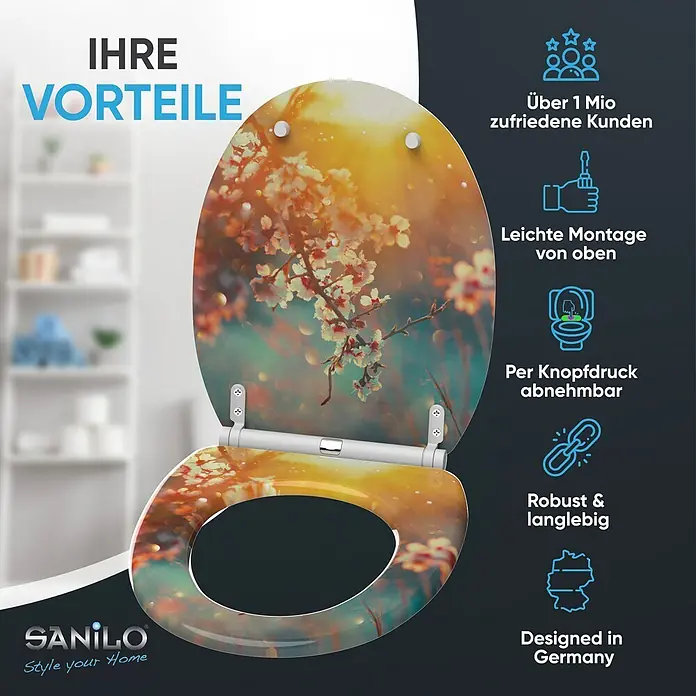 SANILO WC-Sitz Kirschblüte mit Schnellverschluss - MDF, Orange, Mit Absenkautomatik - WC-Sitz mit lebhaftem, sonnigem Blumenmuster mit weißen Blüten. Hauptvorteile werden hervorgehoben.