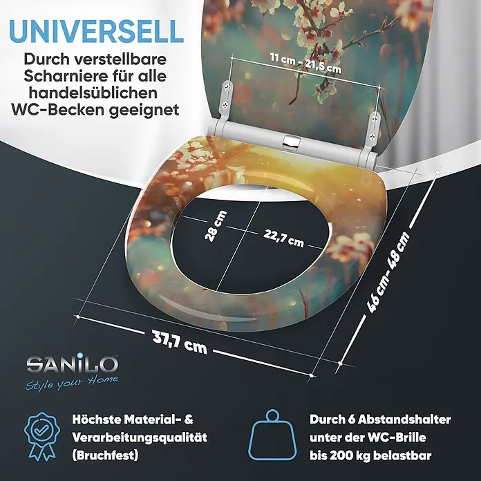 SANILO WC-Sitz Kirschblüte mit Schnellverschluss - MDF, Orange, Mit Absenkautomatik - WC-Sitz mit blühendem Blumendesign, verstellbaren Scharnieren und 200kg Tragkraft. Maße sind abgebildet.