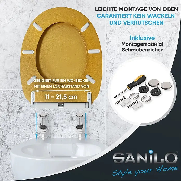 SANILO WC-Sitz Glitzer Gold mit Schnellverschluss - MDF, Goldfarben, Mit Absenkautomatik - Goldener, strukturierter WC-Sitz mit einfacher Top-Montage, inklusive Werkzeug und einstellbarem Lochabstand von 11-21,5 cm.