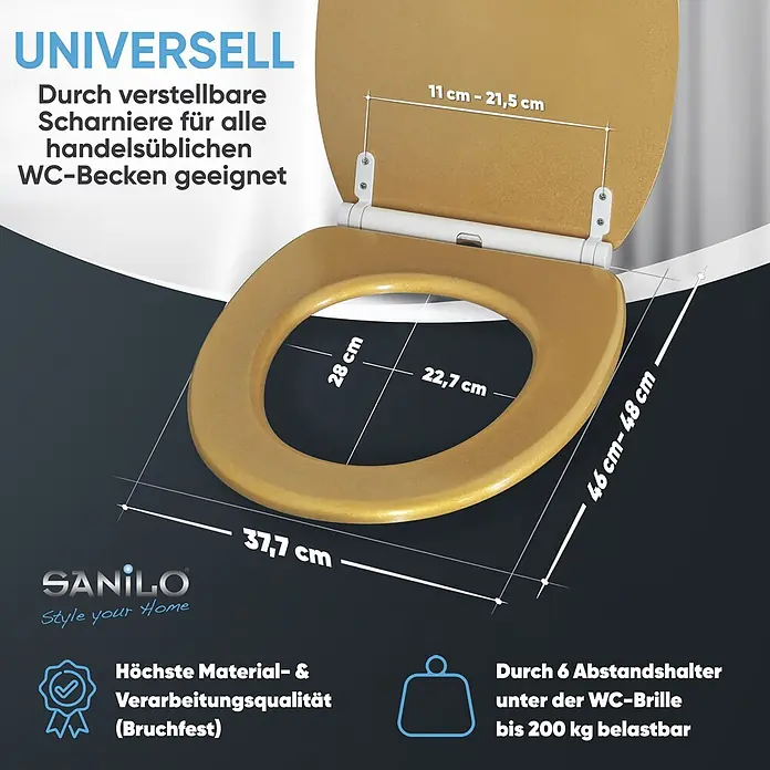 SANILO WC-Sitz Glitzer Gold mit Schnellverschluss - MDF, Goldfarben, Mit Absenkautomatik - Goldener Toilettensitz mit Maßen: 46-48 cm lang, 37,7 cm breit, einstellbare Scharniere. Bruchfest bis 200 kg belastbar.