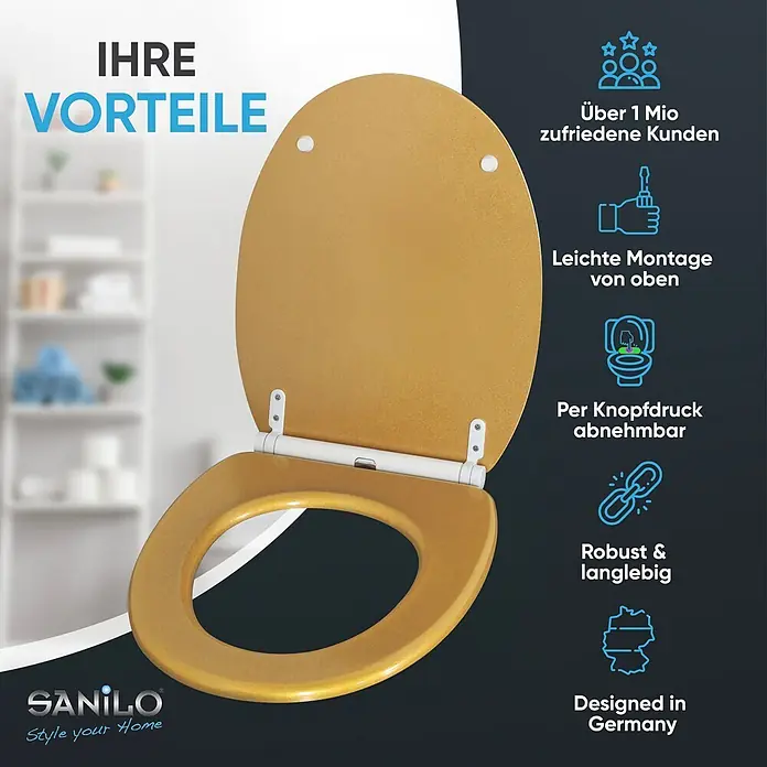 SANILO WC-Sitz Glitzer Gold mit Schnellverschluss - MDF, Goldfarben, Mit Absenkautomatik - Glitzernder goldener Toilettensitz mit geöffnetem Deckel, in einer Produktgrafik dargestellt.