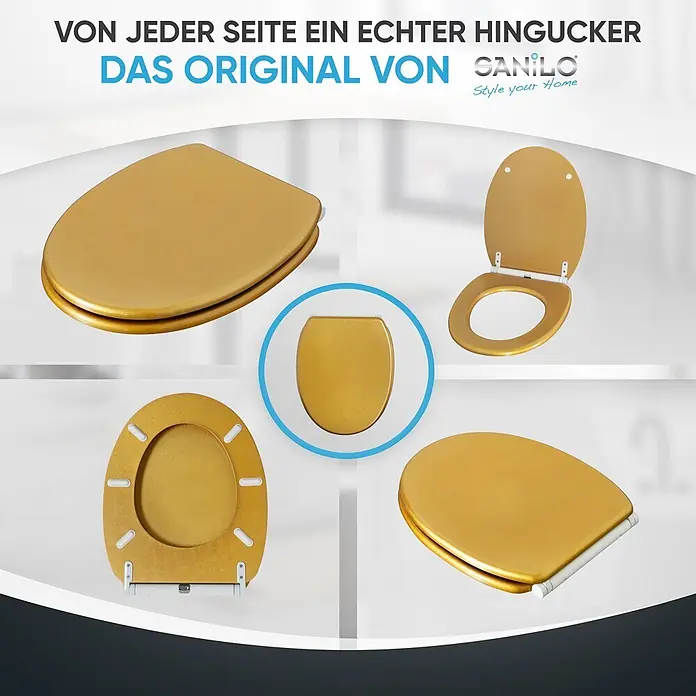 SANILO WC-Sitz Glitzer Gold mit Schnellverschluss - MDF, Goldfarben, Mit Absenkautomatik - Goldener WC-Sitz mit Glitzer-Finish, aus mehreren Perspektiven gezeigt.