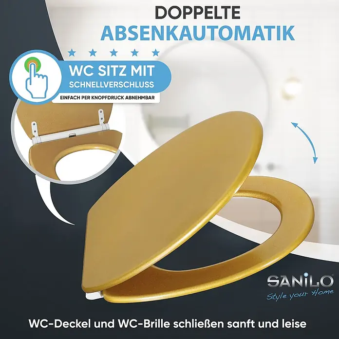 SANILO WC-Sitz Glitzer Gold mit Schnellverschluss - MDF, Goldfarben, Mit Absenkautomatik - Goldener WC-Sitz mit doppelter Absenkautomatik und Schnellverschluss, sanft und leise schließend, einfach per Knopfdruck abnehmbar.