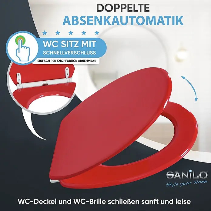 SANILO WC-Sitz Rot mit Schnellverschluss - MDF, Rot, Mit Absenkautomatik - Roter WC-Sitz mit doppelter Absenkautomatik und Schnellverschluss, sanft und leise schließend.