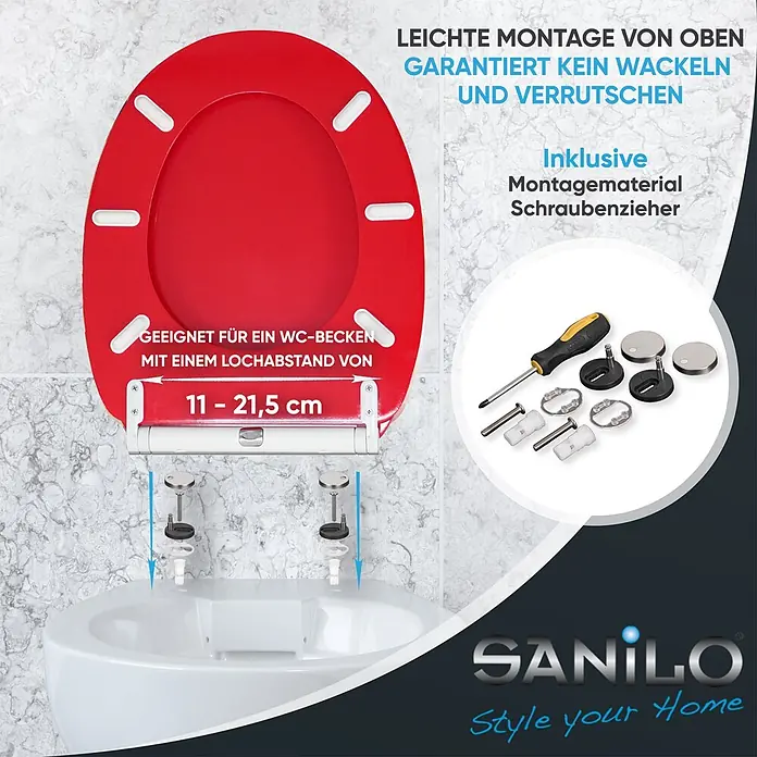 SANILO WC-Sitz Rot mit Schnellverschluss - MDF, Rot, Mit Absenkautomatik - Roter WC-Sitz mit einfacher Top-Montage, passend für Lochabstand 11-21,5 cm, inklusive Befestigungsmaterial und Schraubenzieher.