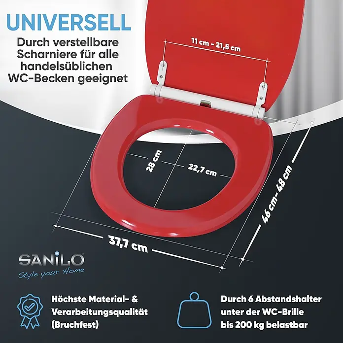 SANILO WC-Sitz Rot mit Schnellverschluss - MDF, Rot, Mit Absenkautomatik - Roter WC-Sitz mit verstellbaren Scharnieren, universeller Passform, Maßen und 200 kg Belastbarkeit.