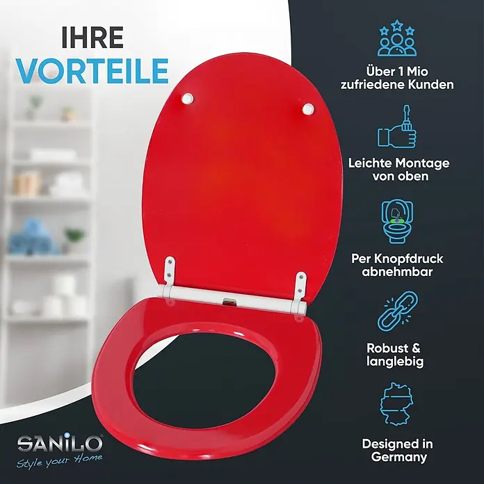 SANILO WC-Sitz Rot mit Schnellverschluss - MDF, Rot, Mit Absenkautomatik - Leuchtend roter WC-Sitz mit geöffnetem Deckel, der seine glänzende Oberfläche zeigt.
